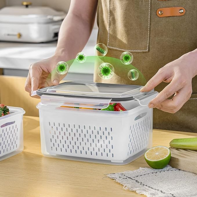 Fruit Storage Containers for Fridge with Removable Colander 8 pcs | Airtight Food Storage Container Dishwasher Safe Produce Saver for Refrigerator Keep Berry Fruit Fresh Longer Small Clear