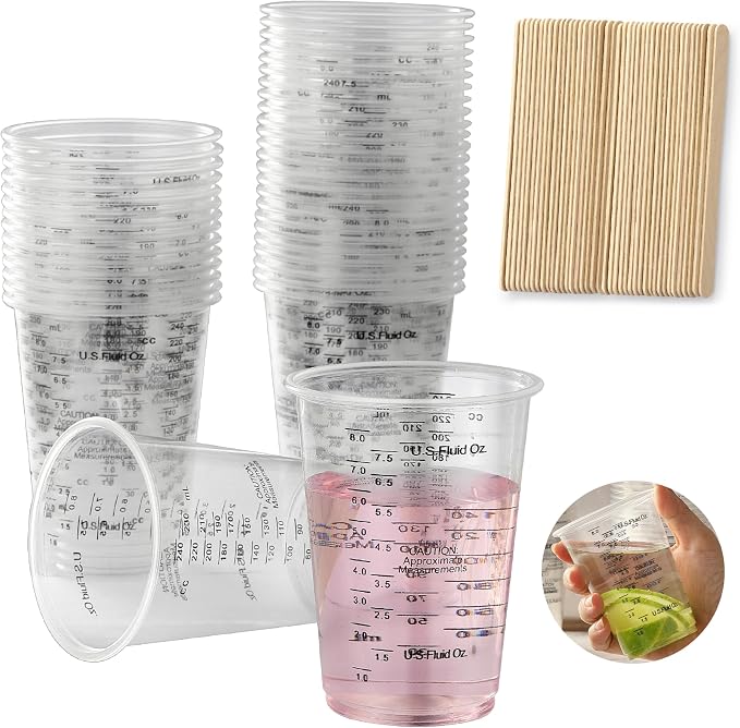 40PCS Measuring Mixing Cups, Little Cook 8oz Disposable Clear Plastic Resin Epoxy Paint Mixing Cups with 40pcs Wooden Stirring Sticks