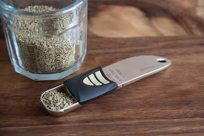 KitchenArt Professional Series Tablespoon, Champagne Satin Measuring Spoon, Adjustable from 1/2 Teaspoon to 1 Tablespoon, White & Black | Adjustable from 1/2 Teaspoon to 1 Tablespoon | Baking & Cooking Gadget | Easy To Read Increments | Adjustable Tabl...