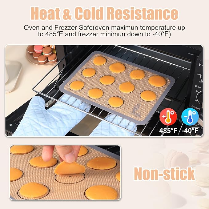 Silicone Baking Mat Macaron Set of 3-2 Half Sheet Liners 1 Quarter Sheet | Non Stick Silicon Cookie Oven Liner For Macaroons, Bake Pans, Pizza, Toaster, Cake and Bread Making (16.5x11.6, Grey)