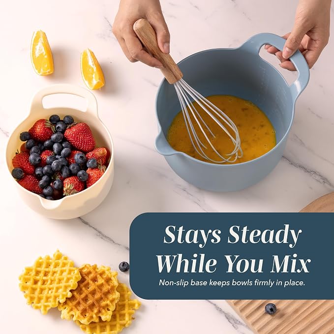 COOK WITH COLOR Nesting Plastic Mixing Bowl Set with Pour Spouts and Handles, Blue, 4 Piece Non-Slip