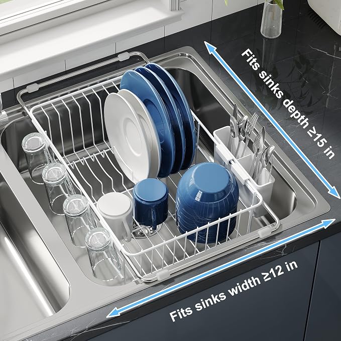 JASIWAY White Dish Drying Rack in Sink, Dish Drainer with Utensil Holder | Over The Sink Expandable Stainless Steel Strainer Dryer Rack for Small Kitchen, Counter Space Saving, Fast Drain, Rustproof