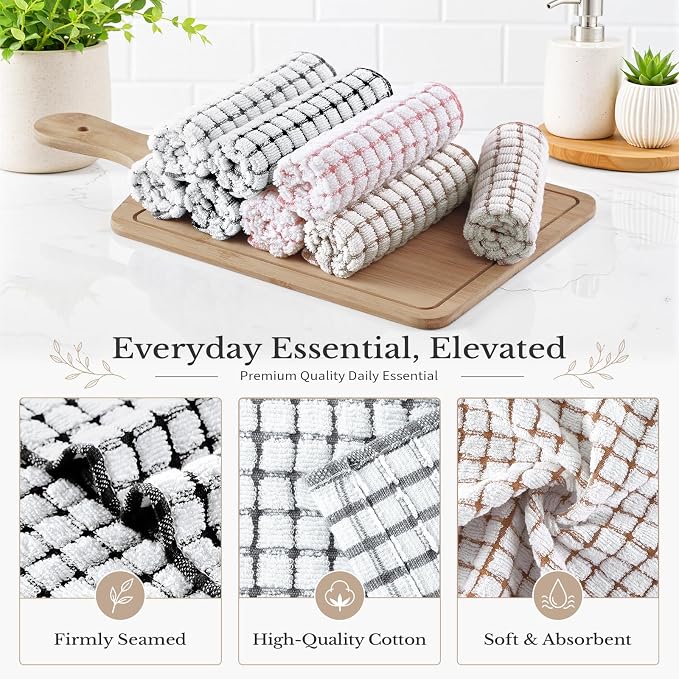 Homaxy 8 Pack Terry Kitchen Dish Cloths, 12"x12", Black/Grey/Pink/Brown | Super Soft and Absorbent Dish Rags, Quick Drying Reusable Dish Towels for Washing Dishes