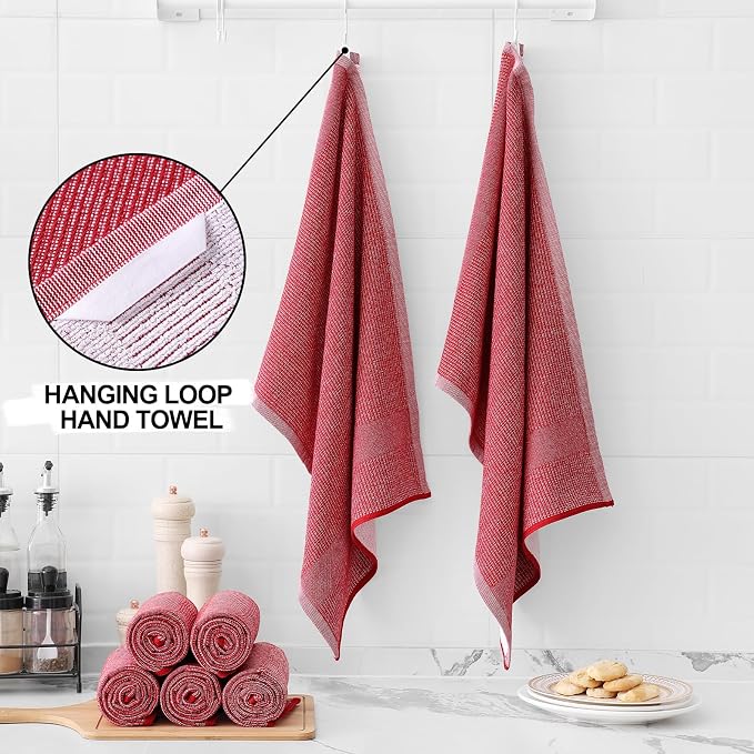 Homaxy 380 GSM Cotton Premium Kitchen Towels 3 Pack, 18"x 28", Red | Flat and Terry Dish Towels, Highly Absorbent Tea Towel Set with Hanging Loop, Soft Utility Kitchen Hand Towels