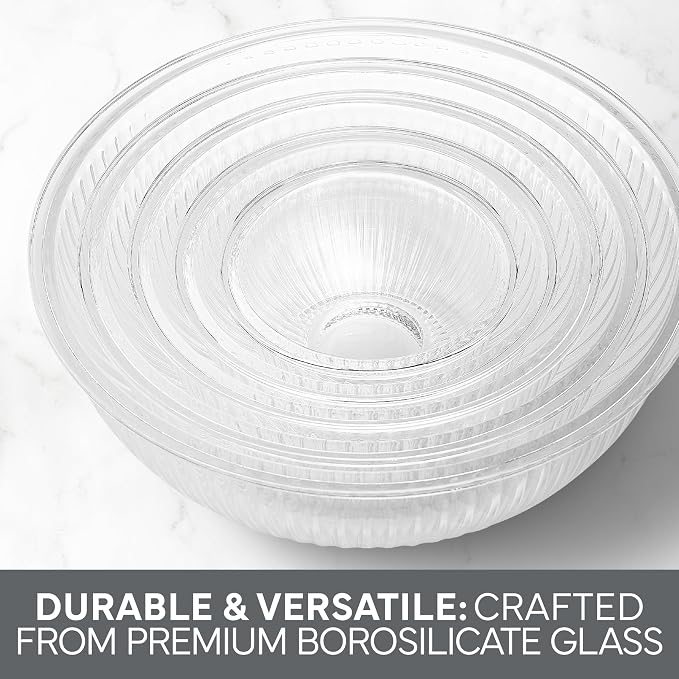 COOK WITH COLOR 12 Pc Glass Mixing Bowl Set with Lids – Borosilicate Glass Nesting Bowls for Cooking, Baking and Meal Prep, Fluted Grey