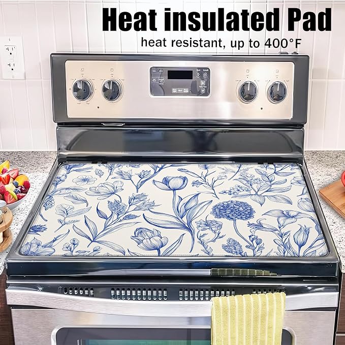 Retro Blue Floral Glass Top Stove Cover Protector,Spring Flower Stove Top Covers for Electric Stove,Washable Heat Resistant Cooktop Mat Anti-Slip Range Covers, 28 x 20 Inch