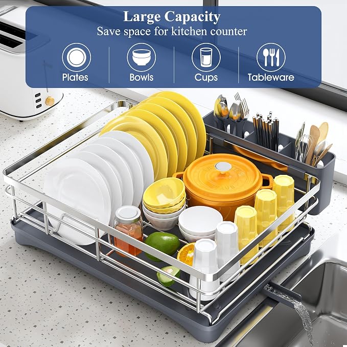 SNTD Dish Drying Rack for Kitchen Counter, 11.8" W x 16.7" L, Silver | Rustproof Stainless Steel, Large Capacity, Self-Draining Drainboard, Rotating Spout, Removable Utensil Holder