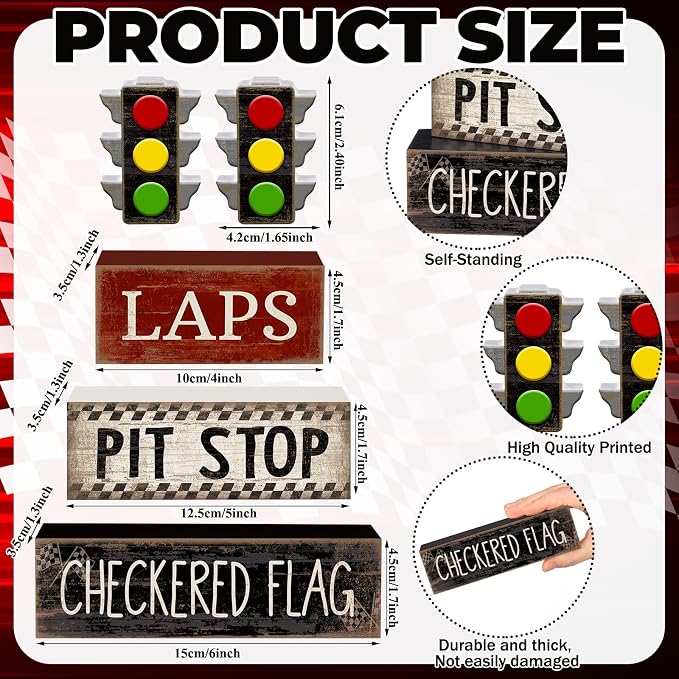 Lineshading 4 Pcs Race Car Wooden Tiered Tray Decor Tabletop Block Signs | Traffic Lights Pit Stop Checkered Flag Design, Boys Racing Birthday Party Room Decorations, Theme Display