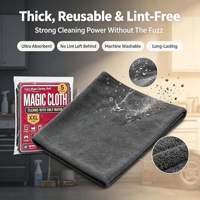 5 Pack Thickened Magic Cloth, Reusable Cleaning Rags for Glass Kitchen Car