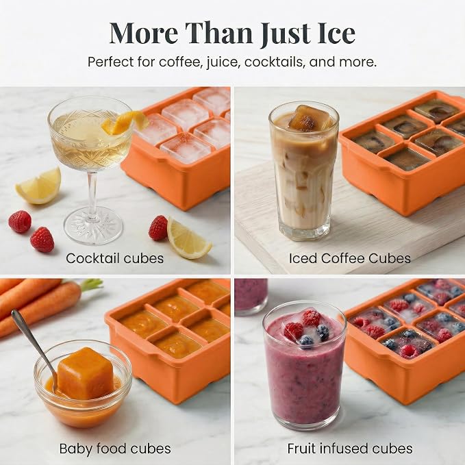 KitchFort® Large Silicone Ice Cube Tray (2-Pack) - 2" Big Ice Mold with Lid | Easy Release, Cocktail, Whiskey Ice Cubes Mold - Food Grade - Ice Cube Trays for Freezer - Stackable Silicone Ice Tray