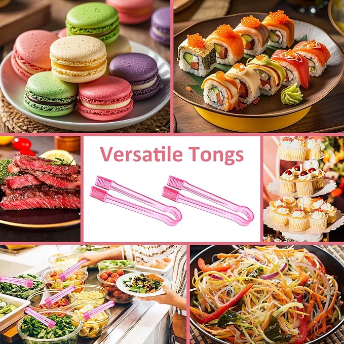 12 PCS Plastic Serving Tongs, 6.3 Inches Pink Disposable Tongs Kitchen Small Serving Utensil Tongs for Party Ice atering Buffet Bakery Salad