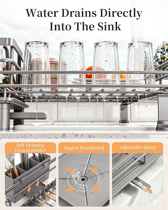 SAYZH Expandable Dish Drying Rack for Kitchen Counter, Metal, Grey | Foldable Over Sink, Large Capacity, Rust-Resistant, Adjustable for Most Sinks, Automatic Drainage, Removable Utensil Holder
