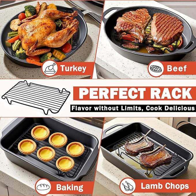 Nonstick Roasting Rack, Heavy-Duty Fit for Turkey Roasting Pan 12"x 7.5" | Easy Release & Quick Cleanup Dishwasher Safe, 2 Heights Design for Oven or Grilling Cooking Needs, Holds up to 25lbs Turkey