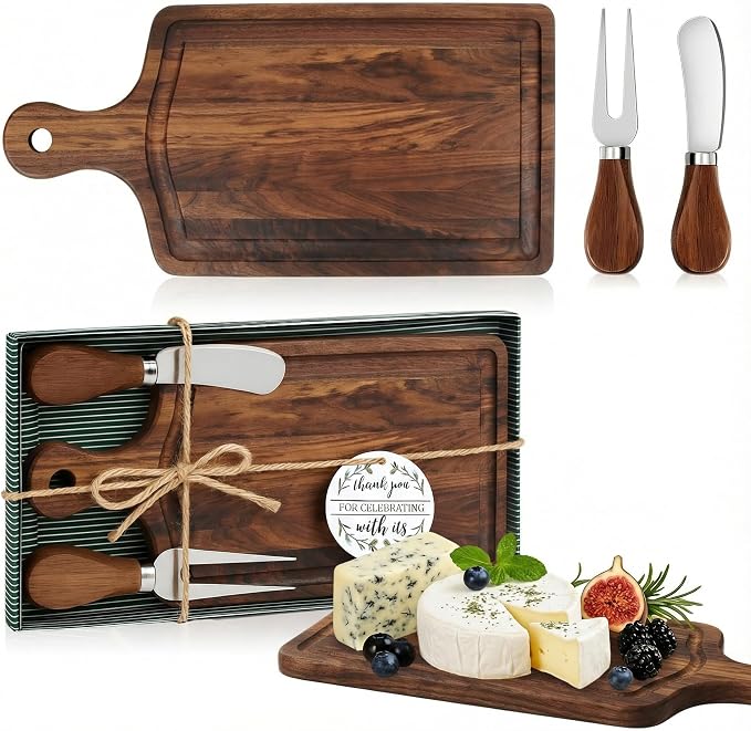 1 SetsBridal Shower Favor Prizes Charcuterie Board,Walnut Color | Walnut Cheese Board with Knife Fork Thank You Tag, Gift Box for Guests, Valentines Wedding Baby Shower Party Favors
