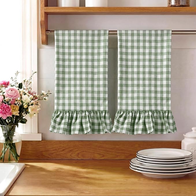 HunnmingRe 2 Pcs Green Gingham Kitchen Towels Cotton Ruffled | Checked Dish Towels 18"x28" Tea Cloths Plaid Cottage Core Kitchen Decor for Farmhouse Charm Drying Dishes Entertaining Guests