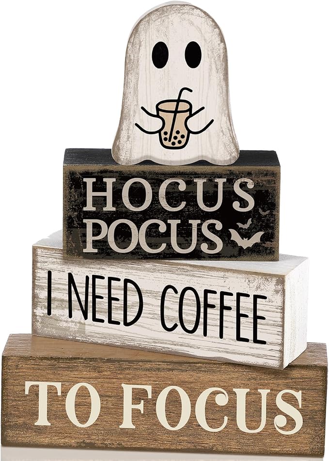 Lineshading 4 Pcs Wooden Tiered Tray Decor Ghost Coffee Block Signs | Farmhouse Tabletop Decor for Halloween, Coffee Theme Hocus Pocus Humor Blocks, Rustic Gift for Home Styling