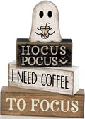 Lineshading 4 Pcs Wooden Tiered Tray Decor Ghost Coffee Block Signs | Farmhouse Tabletop Decor for Halloween, Coffee Theme Hocus Pocus Humor Blocks, Rustic Gift for Home Styling