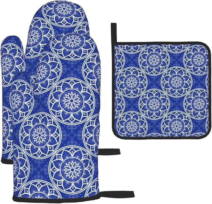 Chinoiserie Blue and White Floral Oven Mitts and Pot Holders Sets of 3, Heat Resistant Non-Slip Boho Kitchen Gloves for Baking Cooking Grilling, Navy Blue Hot Pads for Kitchen Decor, Gifts for Women