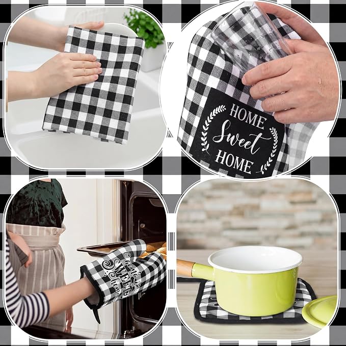 Leinuosen 8 Pcs Black White Plaid Kitchen Towels and Dishcloths Sets Pot Holders and Oven Mitts Sets Absorbent Kitchen Gloves Potholders Heat Resistant for Chef Baking Cooking