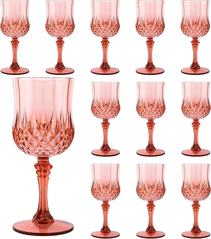 12Pack Plastic Wine Glasses, 7oz Vintage Goblets for Wedding | Unbreakable Crystal Style Reusable Stemware, Elegant Rose Gold Drinking Glass for Party Anniversary & Holiday Celebration