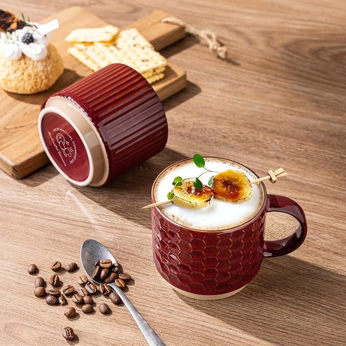 GBhome 15 OZ Stackable Coffee Mugs Set of 4, Ceramic Coffee Cups Set | 4 Assorted Designs, Embossed Mugs with Texture Patterns for Tea/Coffee, Dishwasher&Microwave Safe, Burgundy