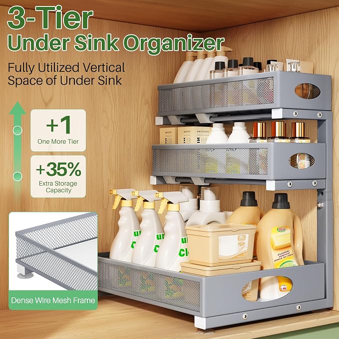 Kitstorack Under Sink Organizer 3-Tier Slide Out Drawer 2-Pack Grey | Height Adjustable, Metal Mesh Storage Rack, Pull out Cabinet Organizer Shelf for Bathroom Kitchen Pantry Home Organization