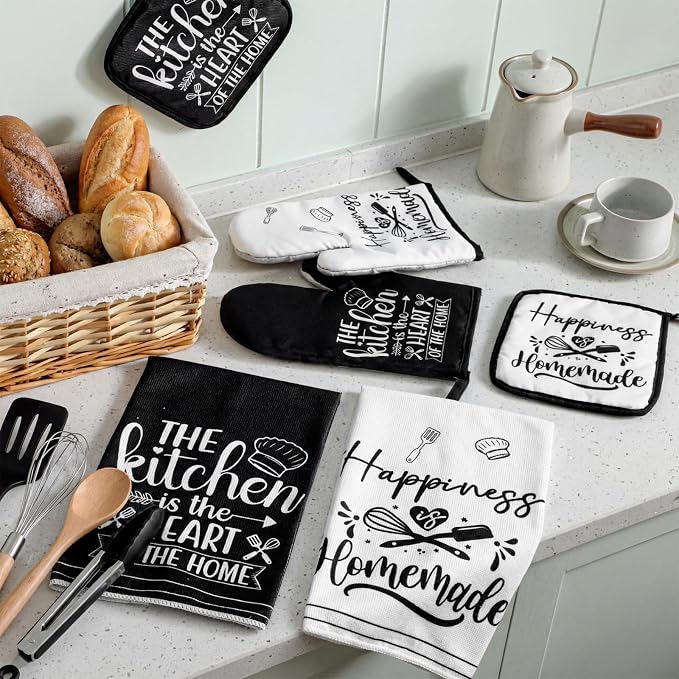 Sratte 6 Pcs Kitchen Decor Accessories Set, Kitchen, White | Farmhouse Kitchen Towels Pot Holders Oven Mitts Set 2 Dish Towels 2 Potholders 2 Cooking Mittens for Baking Cooking Supply