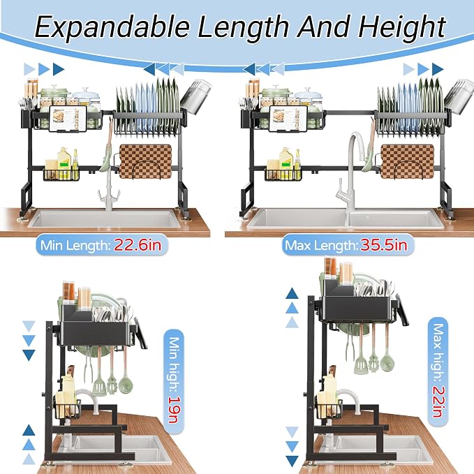 ADBIU Over The Sink Dish Drying Rack (Expandable Height and Length) Snap-On Design 2 Tier Large Dish Rack