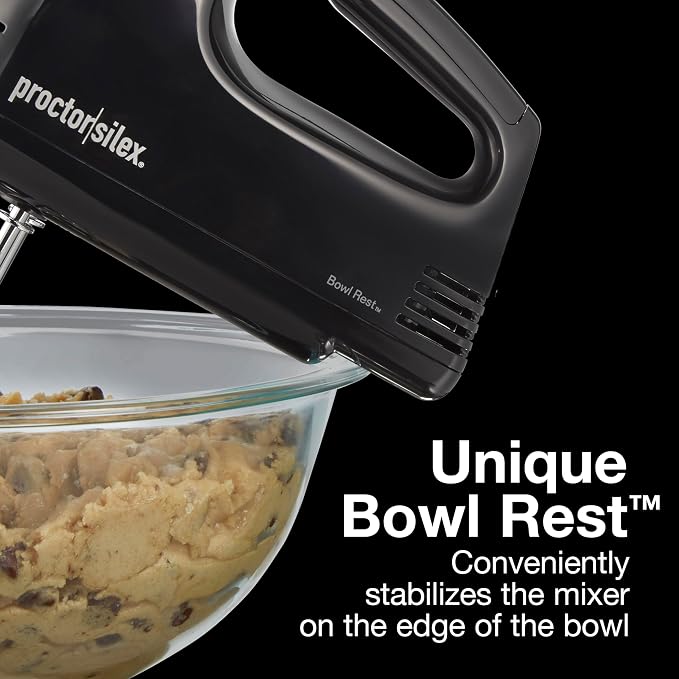 Proctor Silex Easy Mix 5-Speed Electric Hand Mixer with Bowl Rest | Compact and Lightweight | 100 Watts of Peak Power | Black | 62507PS