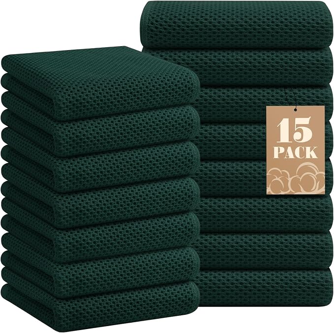 Homaxy 100% Cotton Waffle Weave Kitchen Towels, 15-Pack, Blackish Green | Ultra Soft Absorbent Dish Towels, Quick Drying Cleaning Towels, 13 x 28 Inches