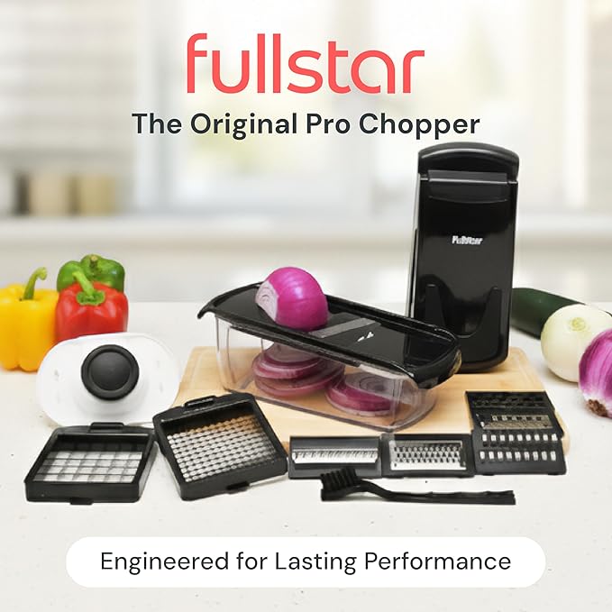 Fullstar Pro Original Vegetable Chopper & Mandoline Slicer Kitchen Gadget | 8 in 1 Veggie Slicer, Onion & Fruit Cutter with Sharp Stainless Steel Blades & Container, All-in-One Meal Prep Tool (Black)