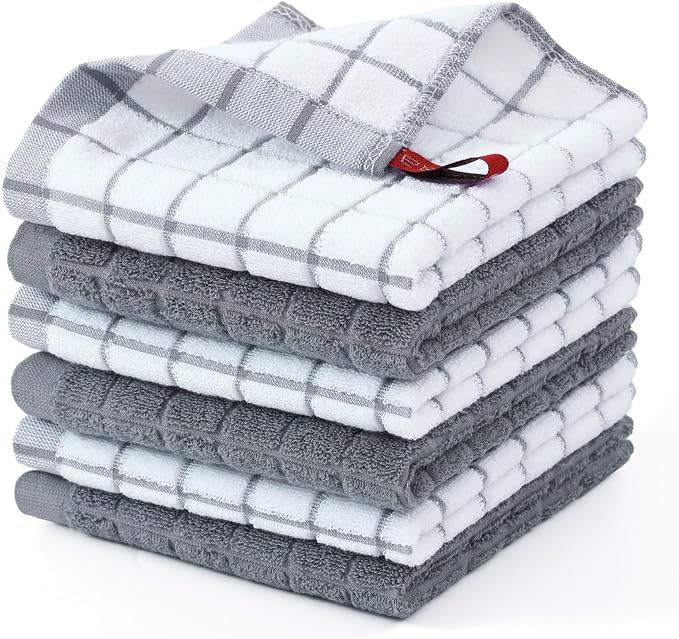 Homaxy Premium Cotton Kitchen Dish Cloths 12"x 12", 6 Pack, Grey | Natural Ring Spun 390 GSM Dish Rags, Super Absorbent Terry Dish Towels, Soft Dishcloths with Hanging Loop