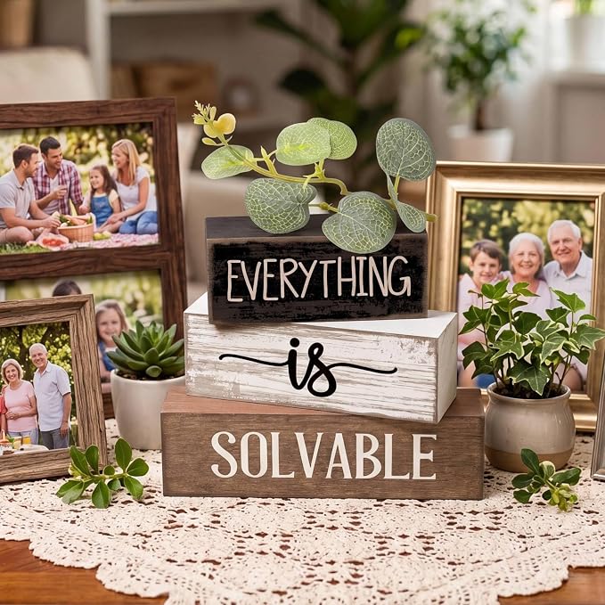 Lineshading 4 Pcs Inspirational Farmhouse Table Decor Rustic Wooden Stacked Block Signs with Inspirational Quote Artificial Eucalyptus Leaves Farmhouse Decoration for Home Office Shelf Gift