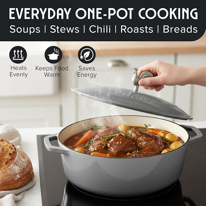 MUELLER HOME 5.5 Quart Enameled Cast Iron Oval Dutch Oven with Rooster Knob & Cotton Potholders, Heavy-Duty Cookware, Oven-Safe up to 500° F & Across All Cooktops, Gifts for Grandma & Women, Gray | Rooster Knob, Cotton Potholders Included, Oven-Safe up...