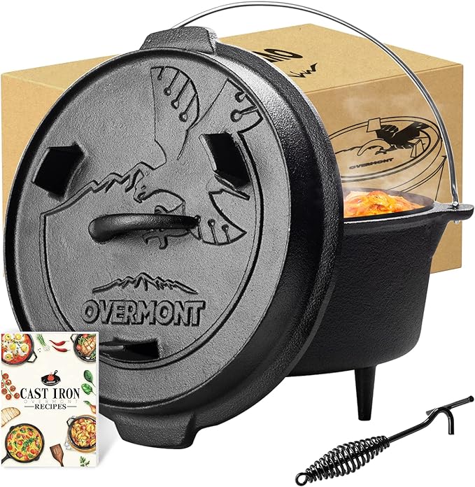 Overmont 6QT Cast Iron Dutch Oven - Pre-Seasoned Pot with Lid Lifter & Legs | Camping Dutch Oven with Cookbook, Cast Iron Pot with Skillet Lid Dual Handles, for Outdoor Campfire Cooking BBQ Grill Stove
