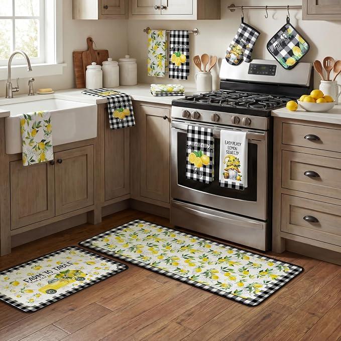 Fourluoo 10 Pcs Lemon Kitchen Decor Set Dish Towels Kitchen Rugs Oven Mitts and Pot Holders for Cooking Baking Grilling Women Mom Gift