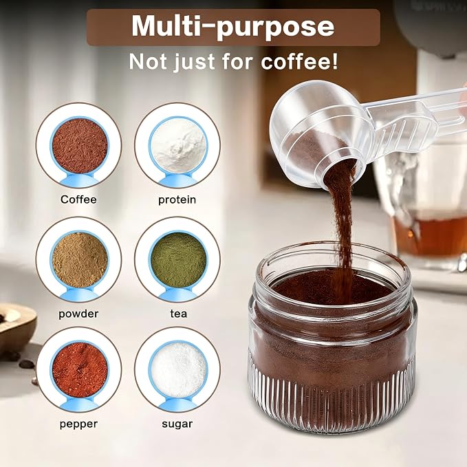 2-in-1 Coffee Scoop with Funnel, 2 Tbsp Measuring Spoon for Reusable K Cups, Ground Coffee, Protein Powder & Tea, Mess-Free Plastic Design (Black+Transparent, 2pack)