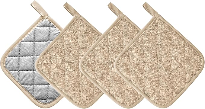 Kitchen Pot Holders Set Heat Resistant Pure Cotton Potholders Kit Trivets Large Coasters Hot Pads Terry Pot Holders for Everyday Cooking and Baking by 7 x 7 Inch (Cream)