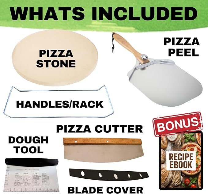 Round Pizza Stone for Oven 16 inch - Large Pizza Stone with Handles, Metal Pizza Peel, Pizza Cutter and Dough Tool - Baking Stone for Oven Bread - Thick Durable Cordierite Baking Stones
