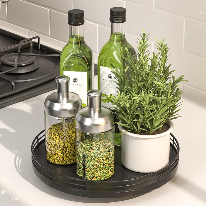 Oroyutor 9-Inch Oak Lazy Susan Spice Organizer, Black Finish | Rotating oak tray organizes spices, toiletries and decor on kitchen counters, bathroom vanities, dining and coffee tables.