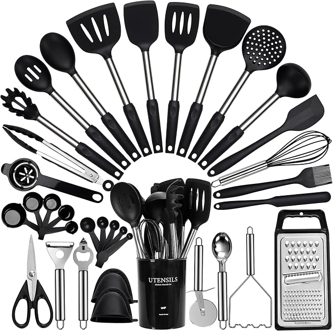 Large Cooking Utensils Set, 35 Pcs Silicone Kitchen Utensils Set with Holder, Stainless Steel Handle Spatula Set, Heat Resistant Food Grade Silicone Kitchen Gadgets for Non-stick Cookware (Black)