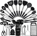 Large Cooking Utensils Set, 35 Pcs Silicone Kitchen Utensils Set with Holder, Stainless Steel Handle Spatula Set, Heat Resistant Food Grade Silicone Kitchen Gadgets for Non-stick Cookware (Black)