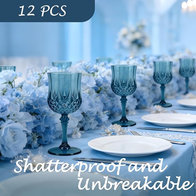 12Pack Plastic Wine Glasses, 7oz Vintage Goblets for Wedding | Unbreakable Crystal Style Reusable Stemware, Elegant Navy Blue Drinking Glass for Party Anniversary & Holiday Celebration