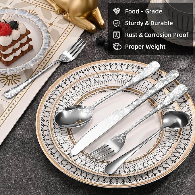 40 Piece Silverware Set, Stainless Steel Flatware Cutlery Set Service for 8, Mirror Polished Tableware Eating Utensils Set for Home Kitchen, Include Knife Fork Spoon Set, Dishwasher Safe
