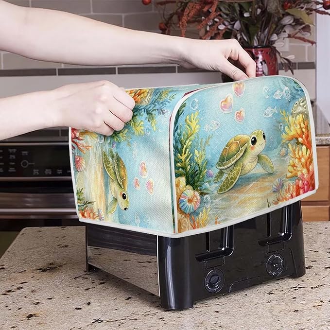 Sea Turtle Print Bread Machine Cover Coral Print Toaster Cover 4 Slice Wide Slot Small Kitchen Appliance Covers for Home