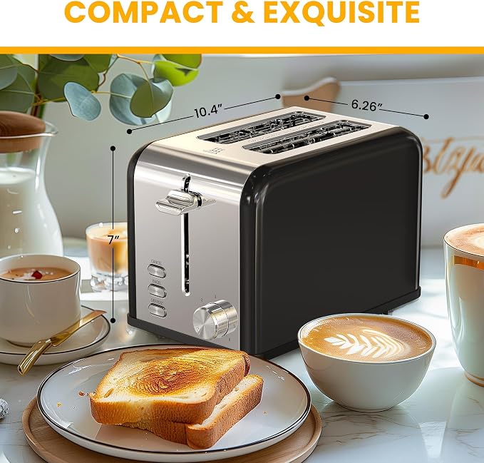 Simple Deluxe 2-Slice Toaster, Stainless Steel Toaster, 6 Browning Setting and 3 Function, Extra Wide Slot & Removable Crumb Tray, for Bread & Waffle, Black