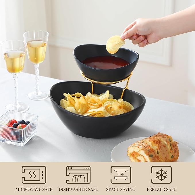 MALACASA 2 Tier Chip and Dip Serving Set with Metal Stand,Ceramic Appetizer Bowls for Party, Multi-Use Food Display for Fruits, Snacks,Black Elegant Tiered Serving Dishes for Party