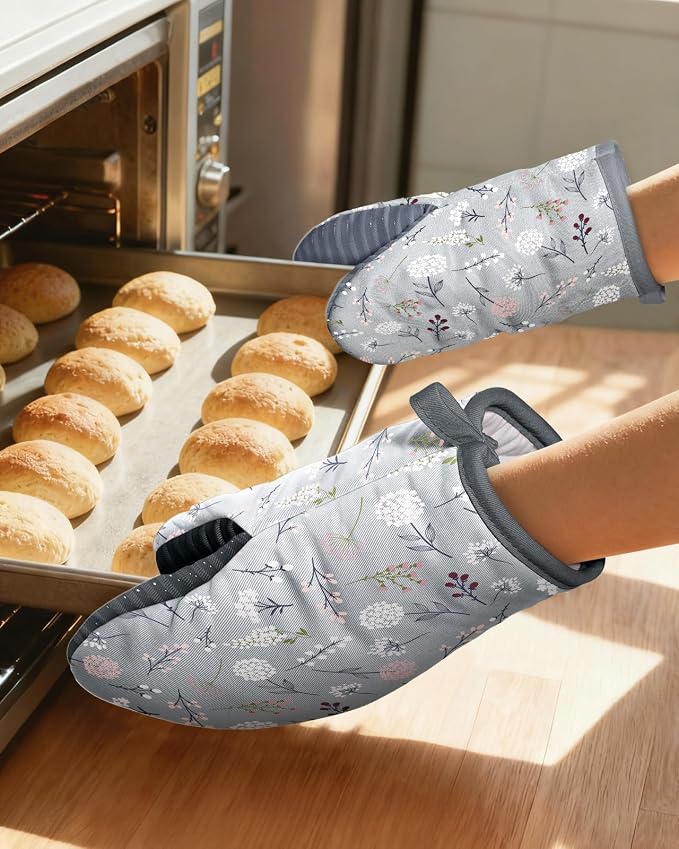 100% Thick Cotton Mini Oven Mitts Silicone Grip Grey Floral | Elegant Classic Oven Mitts for Women, Machine Washable, Non-Slip, Reversible Design Fits Both Hands, Stylish Kitchen Decor