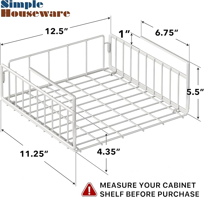 Simple Houseware 2-Pack Under Shelf Wire Metal Basket Shelf, White | Space-Saving Storage Organizer for Kitchen, Pantry, Closet, Office, No Tools Required