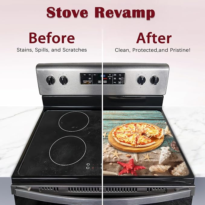 Beach Seashell Starfish Electric Stove Top Cover Protector,Blue Wooden Glass Flat Top Stove Mat,Heat-Resistant Oven Induction Cooktop Mat for Ceramic Countertop Mats Dish Drying Mat